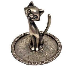 Vintage EP Zinc Alloy Silver Cat Ring Holder Jewelry Trinket Tray Padded Bottom